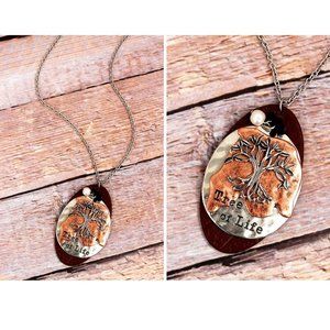 Tree of Life Necklace. Silver & Copper, Brown Faux Leather. NWT.